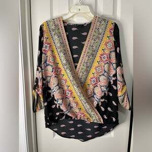 Miin Black Mixed Paisley Printed Faux Wrap Front Top high low bottom hem size